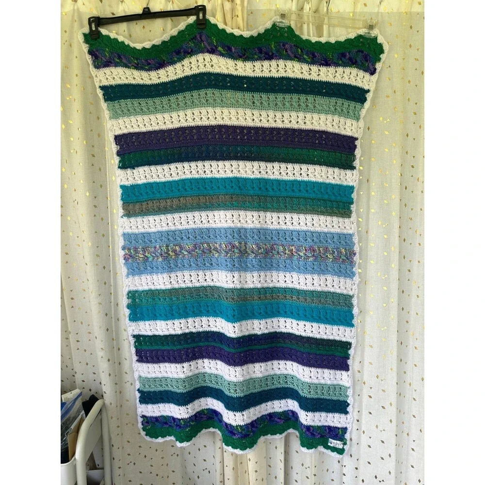 Handmade Handcrafted By Jane Wilson Sailing Ocean Crochet Stripe Baby Blanket